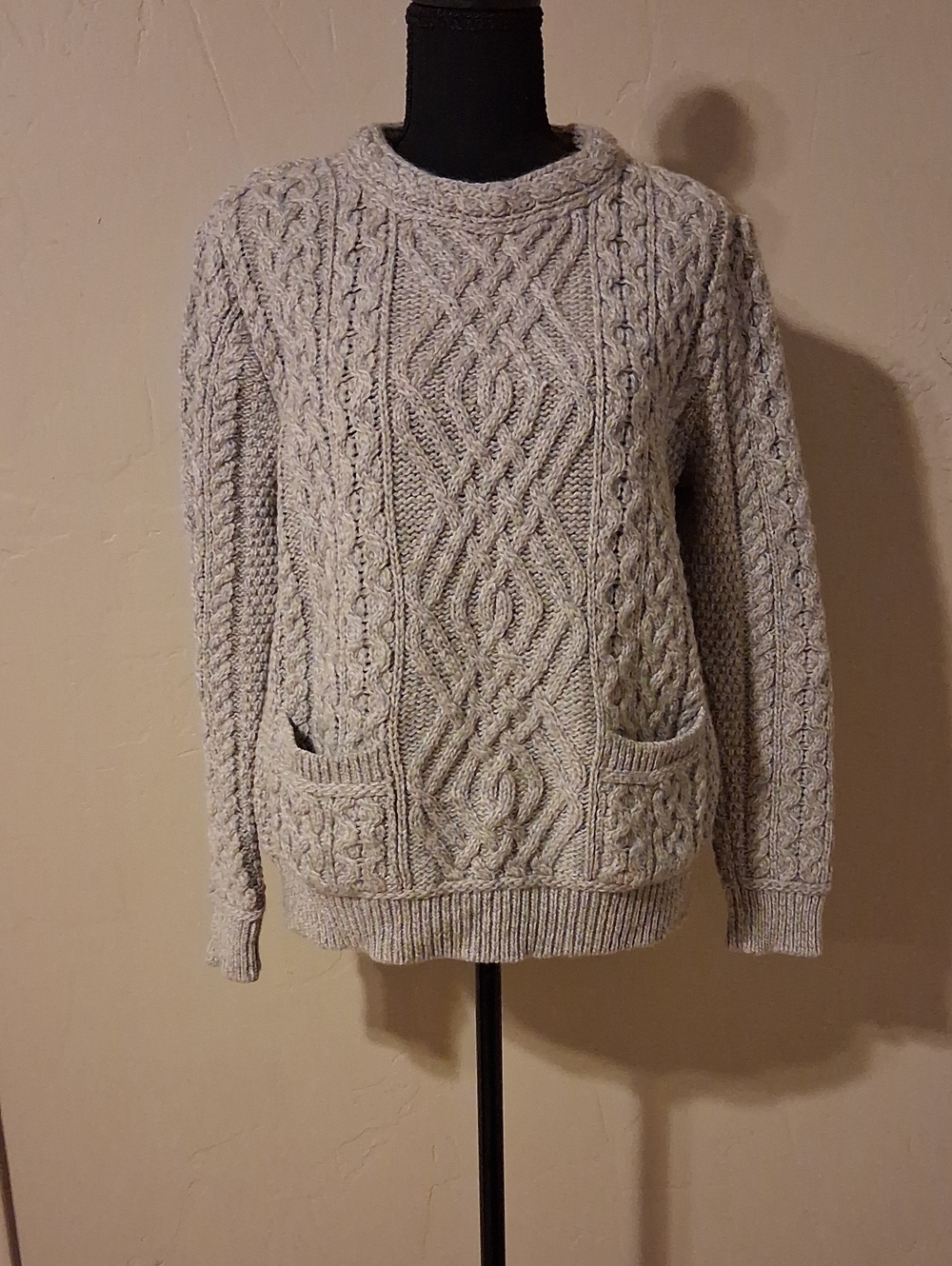 Aran Crafts Light Gray Cable-Knit Crewneck Sweater with Pockets